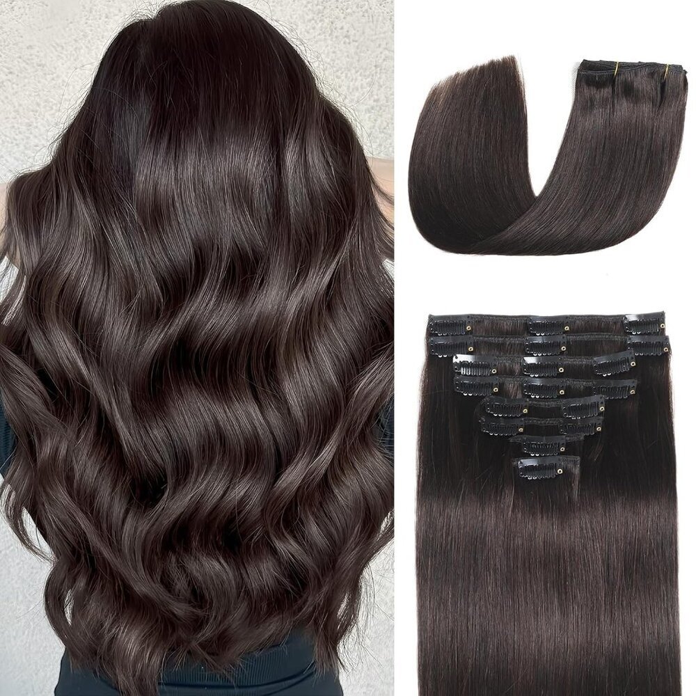 Hair Extensions Human Hair Clip in Long Straight Dark Brown 16 Inch 8pcs